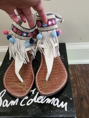 Sam Edelman White Fringe Pom-Pom Ankle Strap Sandals
